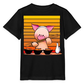 Pork tries sushi with chopsticks - Stanley/Stella MINI CREATOR Kids’ T-Shirt - black - Front - Mikhail (115cm)