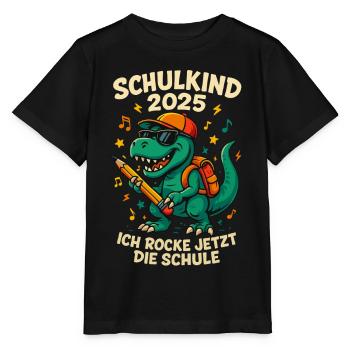 Enfants Écolier 2025 Dino T-Rex Cool Inscription à l’école - T-shirt bio MINI CREATOR Stanley/Stella Enfant - noir - Devant - Mikhail (115cm)