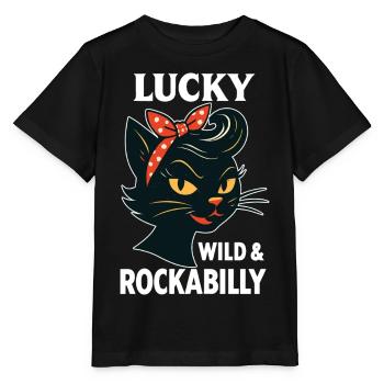 Lucky, Wild & Rockabilly: Schwarze Retro Katze - Stanley/Stella Kinder T-Shirt MINI CREATOR  - Schwarz - Vorne - Mikhail (115cm)