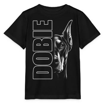 Dobermann Porträt mit vertikalem Schriftzug DOBIE - Stanley/Stella Kinder T-Shirt MINI CREATOR  - Schwarz - Vorne - Mikhail (115cm)