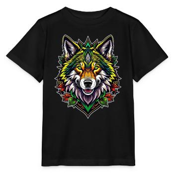 Farbenfrohe Wolfsillustration - Stanley/Stella Kinder T-Shirt MINI CREATOR  - Schwarz - Vorne - Mikhail (115cm)