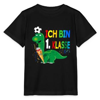 Ich bin 1. Klasse Dino mit Fußball - Stanley/Stella Kinder T-Shirt MINI CREATOR  - Schwarz - Vorne - Mikhail (115cm)