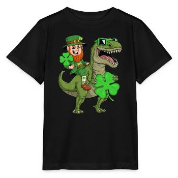 St. Patricks Day Kobold Reiten T Rex Lustiger Dino - Stanley/Stella Kinder T-Shirt MINI CREATOR  - Schwarz - Vorne - Mikhail (115cm)