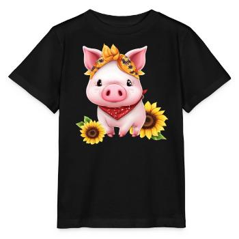 Schwein mit Bandana und Sonnenblume, Charmantes - Stanley/Stella Kinder T-Shirt MINI CREATOR  - Schwarz - Vorne - Mikhail (115cm)