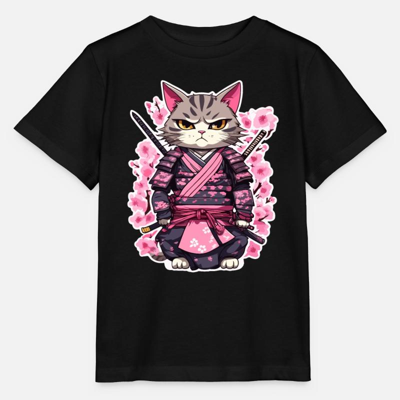 Chat samouraï & fleurs de cerisier #7 - T-shirt bio MINI CREATOR Stanley/Stella Enfant - noir