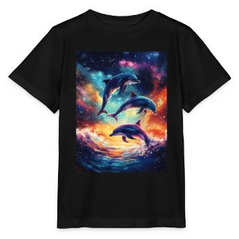 Bunte Delfine Galaxy - Stanley/Stella Kinder T-Shirt MINI CREATOR  - Schwarz - Vorne - Mikhail (115cm)
