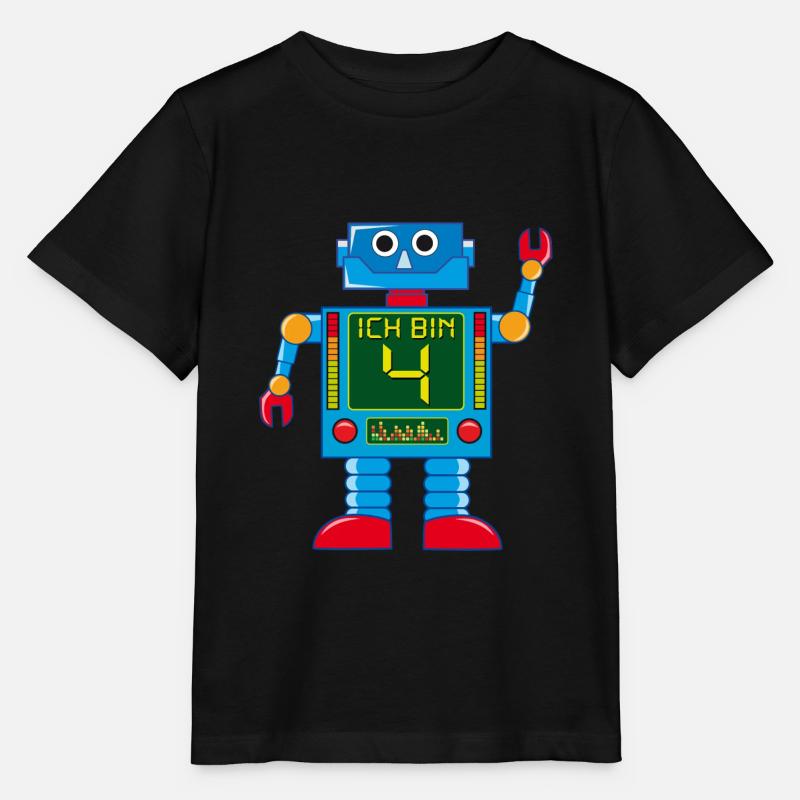 Robot 4 years 4th birthday - Stanley/Stella MINI CREATOR Kids’ T-Shirt - black
