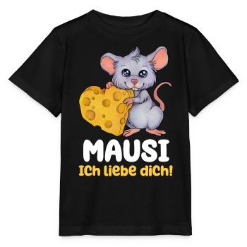 Mausi ich liebe dich Maus mit Käse Herz Geschenk - Stanley/Stella Kinder T-Shirt MINI CREATOR  - Schwarz - Vorne - Mikhail (115cm)