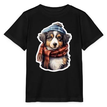 Winter dog with hat and scarf - Stanley/Stella MINI CREATOR Kids’ T-Shirt - black - Front - Mikhail (115cm)