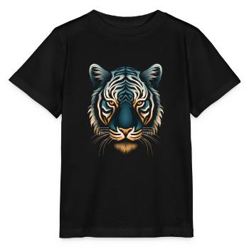 Captivant Op Art Tiger en bleu et ocre - T-shirt bio MINI CREATOR Stanley/Stella Enfant - noir - Devant - Mikhail (115cm)
