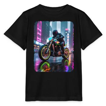 Motorcycle cyberpunk in city - Stanley/Stella MINI CREATOR Kids’ T-Shirt - black - Front - Mikhail (115cm)