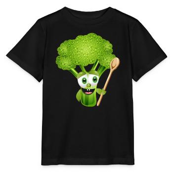 lustiges Comic Brokkoli Röschen mit Kochlöffel - Stanley/Stella Kinder T-Shirt MINI CREATOR  - Schwarz - Vorne - Mikhail (115cm)
