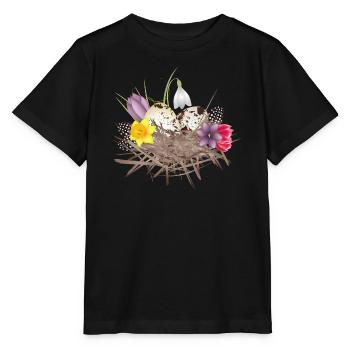 Frühlings Nest mit Eier,Federn und Frühlingsblüten - Stanley/Stella Kinder T-Shirt MINI CREATOR  - Schwarz - Vorne - Mikhail (115cm)