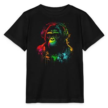 Regenbogen Gorilla Kopfhörer - Stanley/Stella Kinder T-Shirt MINI CREATOR  - Schwarz - Vorne - Mikhail (115cm)