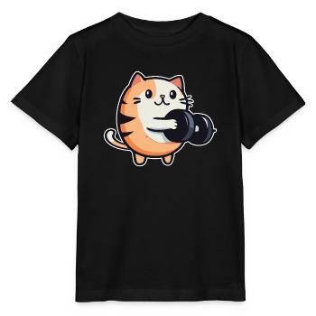 Lustige Katze mit Hanteln Fitness - Stanley/Stella Kinder T-Shirt MINI CREATOR  - Schwarz - Vorne - Mikhail (115cm)