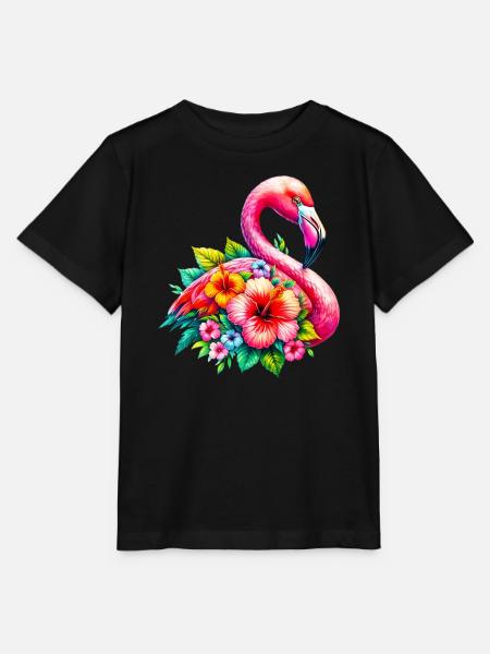 Flamingo verziert mit Hibiskusblüten - Stanley/Stella Kinder T-Shirt MINI CREATOR  - Schwarz