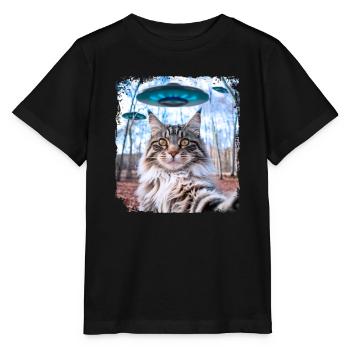 Weird Funny Main Coon Cat Selfie with Alien UFOs. - Stanley/Stella MINI CREATOR Kids’ T-Shirt - black - Front - Mikhail (115cm)