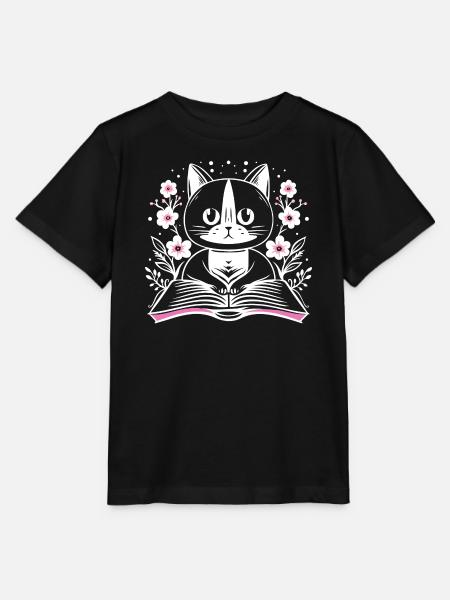 Lesende süße Katze mit Buch und Blumen - Stanley/Stella Kinder T-Shirt MINI CREATOR - Schwarz