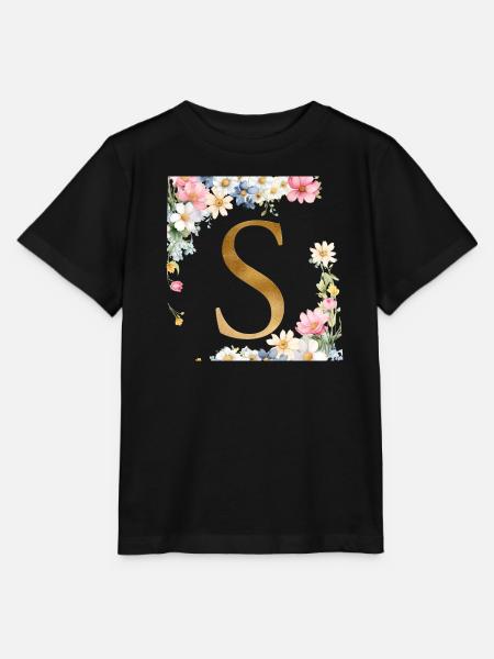 S Monogramm, Floral, personalisierbar - Stanley/Stella Kinder T-Shirt MINI CREATOR  - Schwarz