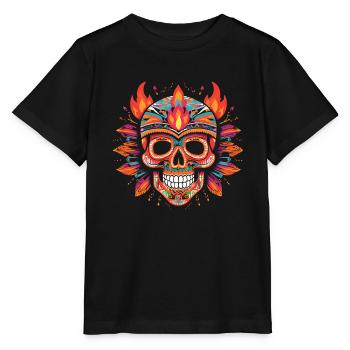 Bunter Totenkopf Toten-schädel Skull mit Flammen - Stanley/Stella Kinder T-Shirt MINI CREATOR  - Schwarz - Vorne - Mikhail (115cm)