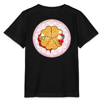 Goldene Waffeln mit Obst und Sahne Motiv - Stanley/Stella Kinder T-Shirt MINI CREATOR  - Schwarz - Vorne - Mikhail (115cm)
