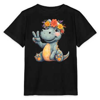 Fröhliches Dinosaurier mit Blumenkranz - Stanley/Stella Kinder T-Shirt MINI CREATOR  - Schwarz - Vorne - Mikhail (115cm)