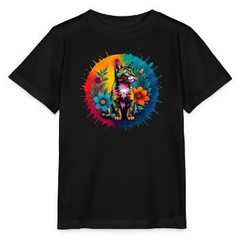 Bunte Deko-Katze mit Blumen - Stanley/Stella Kinder T-Shirt MINI CREATOR  - Schwarz - Vorne - Mikhail (115cm)