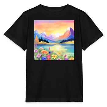 Sonnenuntergang über den Bergen, dem See und den Blumen - Stanley/Stella Kinder T-Shirt MINI CREATOR  - Schwarz - Vorne - Mikhail (115cm)