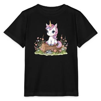 Watercolor unicorn on tree trunk with flowers - Stanley/Stella MINI CREATOR Kids’ T-Shirt - black - Front - Mikhail (115cm)