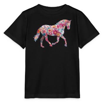 Pferd Blumen Muster - Stanley/Stella Kinder T-Shirt MINI CREATOR  - Schwarz - Vorne - Mikhail (115cm)