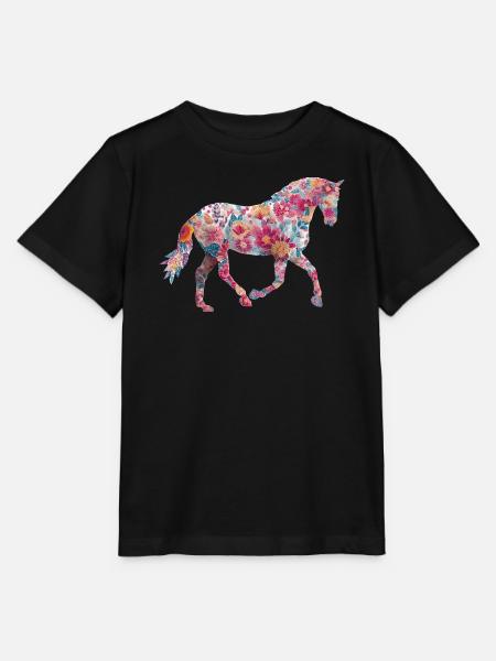 Pferd Blumen Muster - Stanley/Stella Kinder T-Shirt MINI CREATOR - Schwarz