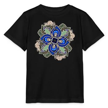 Blaugrüne extravagante Mandala-Blume - Stanley/Stella Kinder T-Shirt MINI CREATOR  - Schwarz - Vorne - Mikhail (115cm)