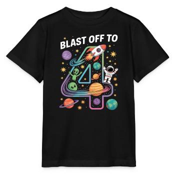 Abflug ins Weltall 4. Geburtstag Kindergeburtstag - Stanley/Stella Kinder T-Shirt MINI CREATOR  - Schwarz - Vorne - Mikhail (115cm)