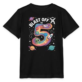 Abflug ins Weltall 5. Geburtstag Kindergeburtstag - Stanley/Stella Kinder T-Shirt MINI CREATOR  - Schwarz - Vorne - Mikhail (115cm)