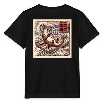 Lustiger Sushi Otter Auf Holzbank Vor Wellen - Stanley/Stella Kinder T-Shirt MINI CREATOR  - Schwarz - Vorne - Mikhail (115cm)