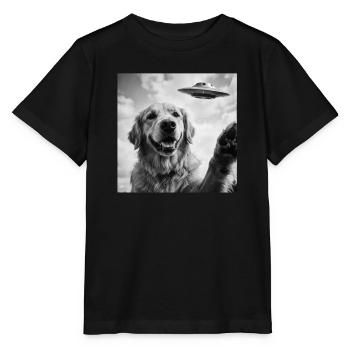 Lustiger Golden Retriever Hund mit UFO Alien - Stanley/Stella Kinder T-Shirt MINI CREATOR  - Schwarz - Vorne - Mikhail (115cm)