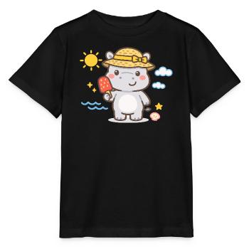 Hippopotame sur la plage avec un sorbet - T-shirt bio MINI CREATOR Stanley/Stella Enfant - noir - Devant - Mikhail (115cm)