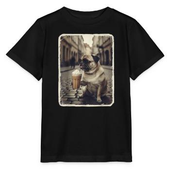 Pug Hund trinkt Café Latte - Stanley/Stella Kinder T-Shirt MINI CREATOR  - Schwarz - Vorne - Mikhail (115cm)