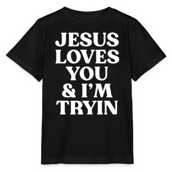 Jesus liebt dich – Ich versuch's Typo - Stanley/Stella Kinder T-Shirt MINI CREATOR  - Schwarz - Vorne - Mikhail (115cm)