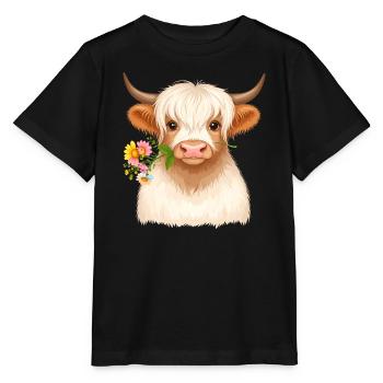 Highland Kuh mit Blumen im Mund im Frühlingslook - Stanley/Stella Kinder T-Shirt MINI CREATOR  - Schwarz - Vorne - Mikhail (115cm)