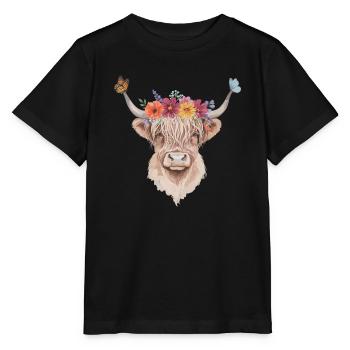 Couronne de fleurs Illustration du bétail Highland - T-shirt bio MINI CREATOR Stanley/Stella Enfant - noir - Devant - Mikhail (115cm)