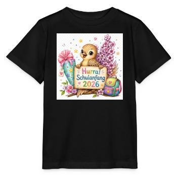 Hurra Schulanfang 2026 Kükenmotiv - Stanley/Stella Kinder T-Shirt MINI CREATOR  - Schwarz - Vorne - Mikhail (115cm)