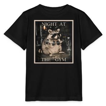 Fitness Raccoon - Night at the Gym - Stanley/Stella Kinder T-Shirt MINI CREATOR  - Schwarz - Vorne - Mikhail (115cm)