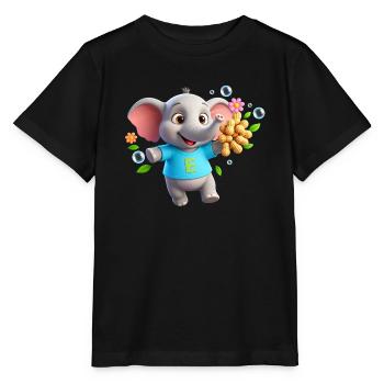 Süßer Elefant mit Erdnüssen – Buchstabe E - Stanley/Stella Kinder T-Shirt MINI CREATOR  - Schwarz - Vorne - Mikhail (115cm)