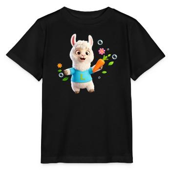 Lustiges Alpaka mit Karotte – Kinder Tiermotiv - Stanley/Stella Kinder T-Shirt MINI CREATOR  - Schwarz - Vorne - Mikhail (115cm)