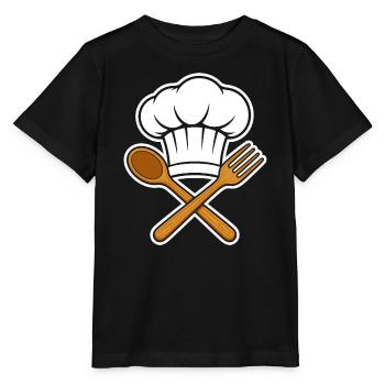Chefkoch Mütze Kochlöffel Gabel Emblem Cartoon Shi - Stanley/Stella Kinder T-Shirt MINI CREATOR  - Schwarz - Vorne - Mikhail (115cm)