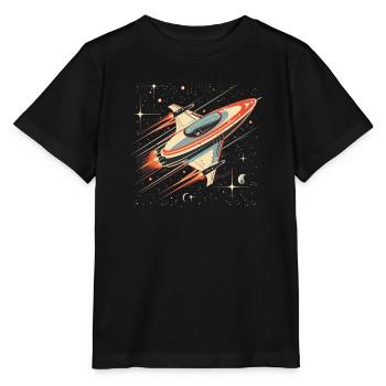 Retro-futuristisches weiß-orangefarbenes Raumschiff bewegt sich - Stanley/Stella Kinder T-Shirt MINI CREATOR  - Schwarz - Vorne - Mikhail (115cm)