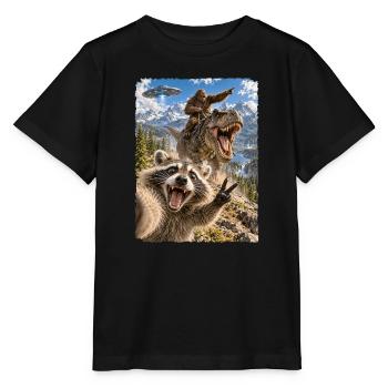 Lustiges Waschbär Selfie mit Bigfoot, T-Rex, UFO - Stanley/Stella Kinder T-Shirt MINI CREATOR  - Schwarz - Vorne - Mikhail (115cm)