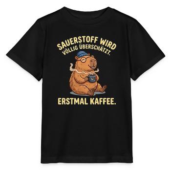 Lustiges Kaffee T-Shirt mit Capybara & Brille - Stanley/Stella Kinder T-Shirt MINI CREATOR  - Schwarz - Vorne - Mikhail (115cm)