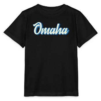 Omaha Schriftzug in Retro-Blau - Stanley/Stella Kinder T-Shirt MINI CREATOR  - Schwarz - Vorne - Mikhail (115cm)
